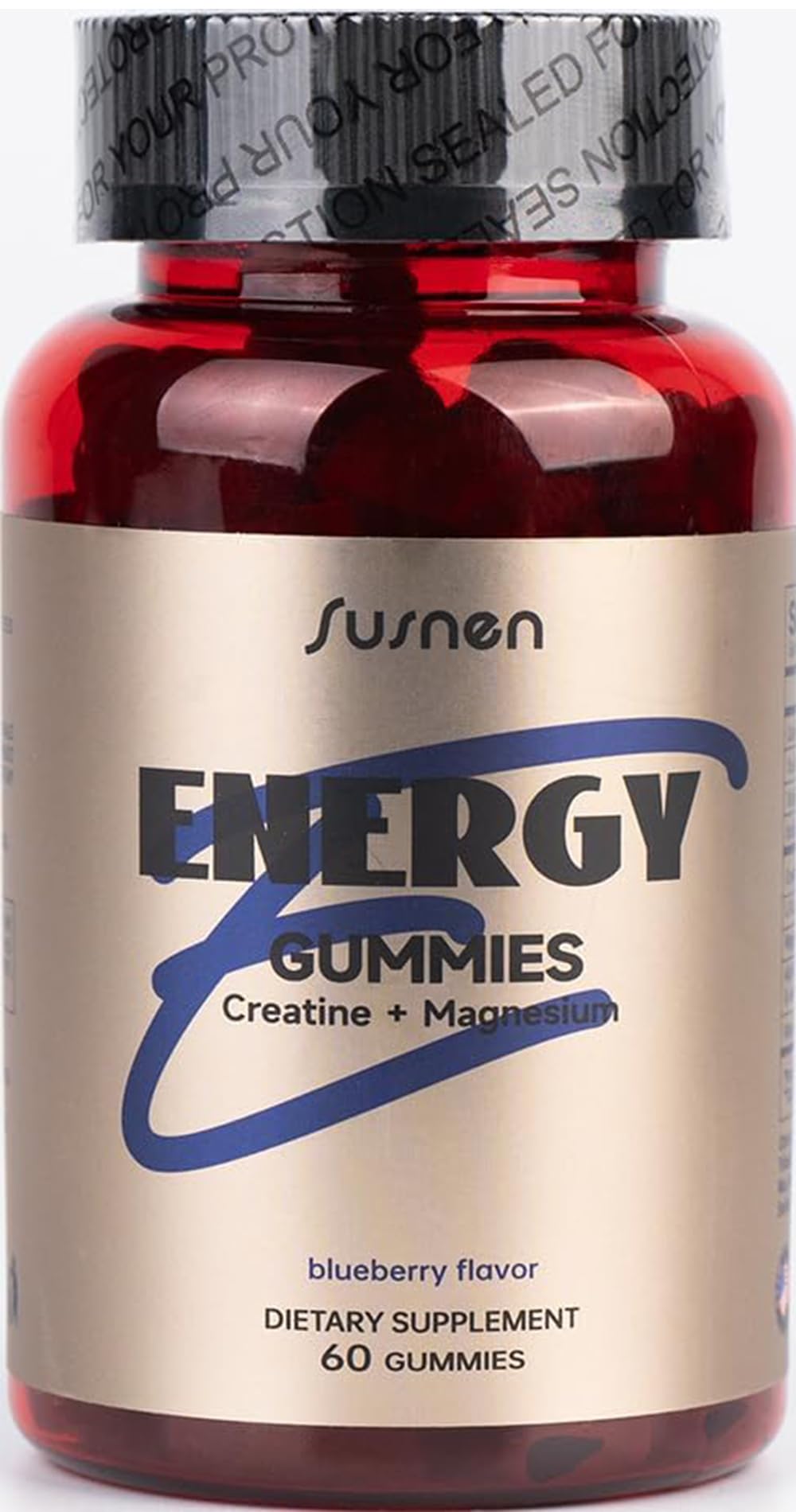 Susnen Energy Gummies 5g Creatine Monohydrate Per Serving 60 Gummies Formula W/L-Taurine + Vitamin B12 for Muscle Builder Energy Boost Pre-Workout Supplement Sugar Free Vegan Blueberry Flavor