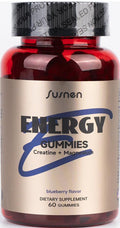 Susnen Energy Gummies 5g Creatine Monohydrate Per Serving 60 Gummies Formula W/L-Taurine + Vitamin B12 for Muscle Builder Energy Boost Pre-Workout Supplement Sugar Free Vegan Blueberry Flavor