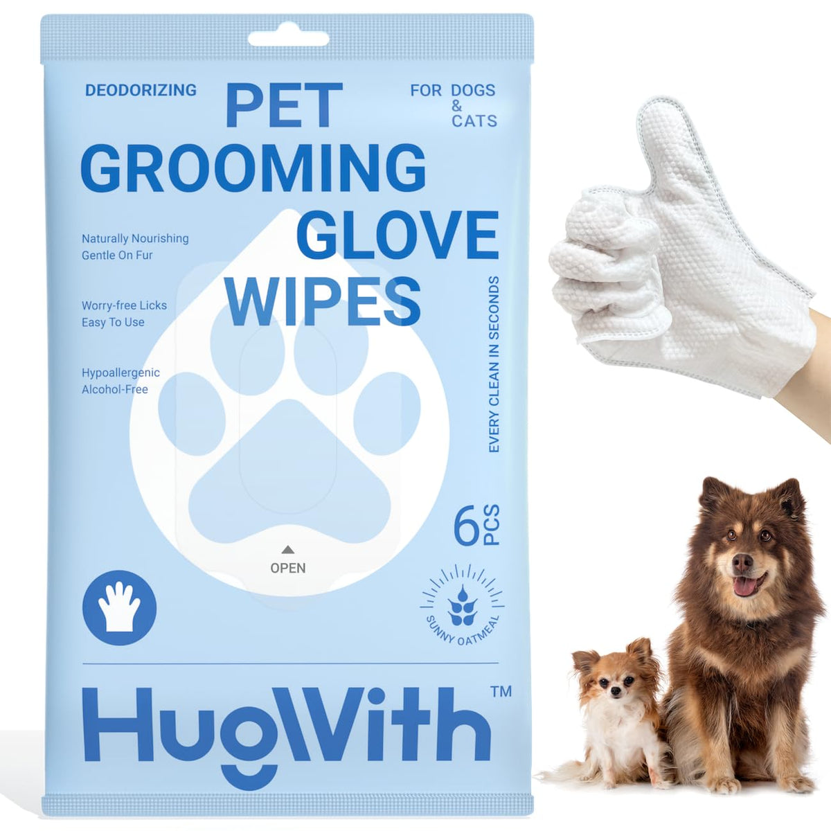 HugWith Pet Grooming Glove Wipes Dog and Cat Cleaning Wipes for Fur Paws Butt Puppy and Dog wet wipes Hypoallergenic Deodorizing with Natural Sunshine Oat Extract On-the-Go Freshness Fast clean